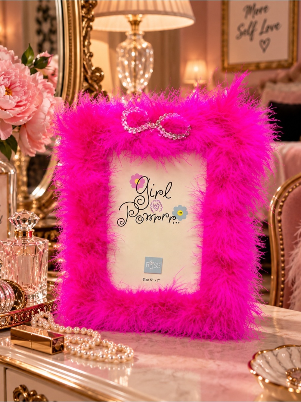 Russ Girl Power Pink Marabou Feather Picture Frame Fun Glam Diva Bedroom Decor